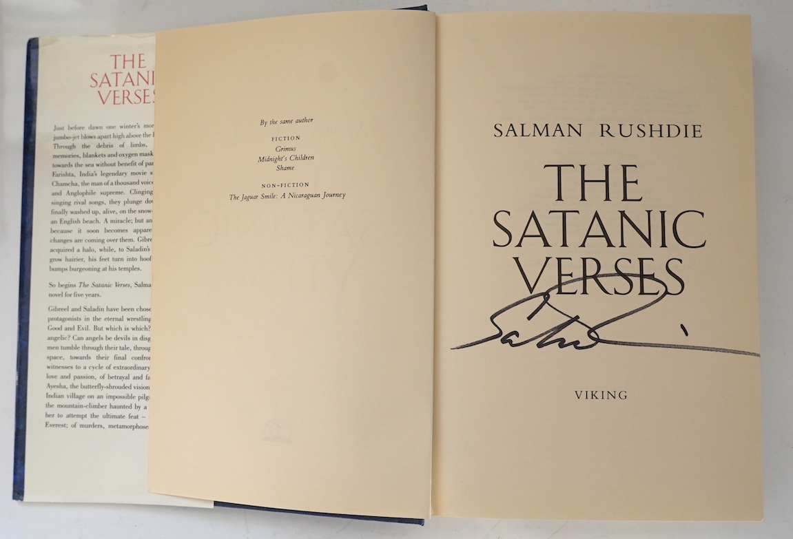 Rushdie, Salman - The Satanic Verses. 1st Edition. Signed by Author across title. publisher's cloth and d/wrapper. Viking, 1988